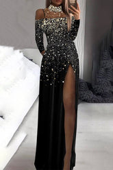 Vestido de noche elegante con cuello alto, lentejuelas y abertura con estampado formal (sin lentejuelas)